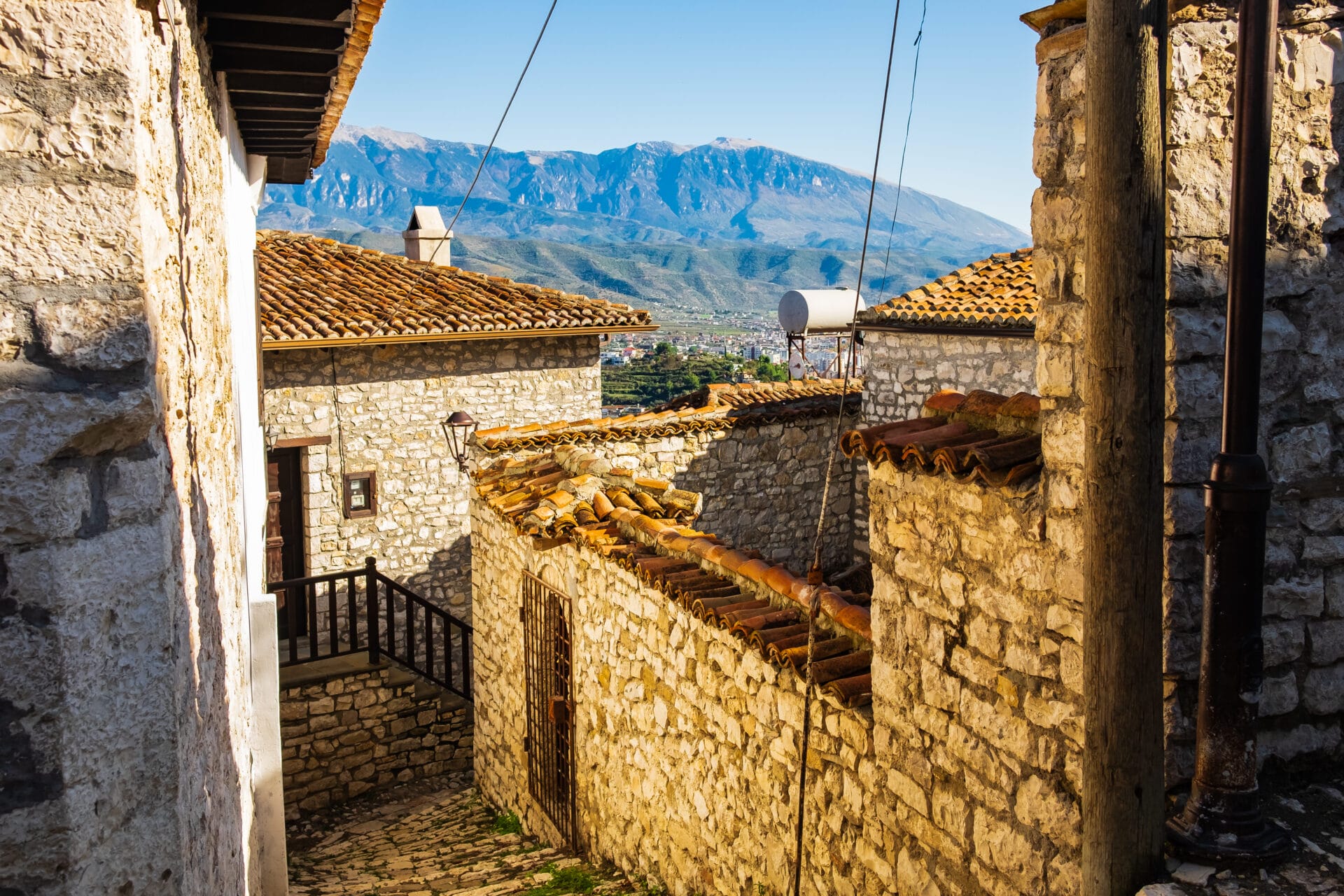 View of white Ottoman houses from castle