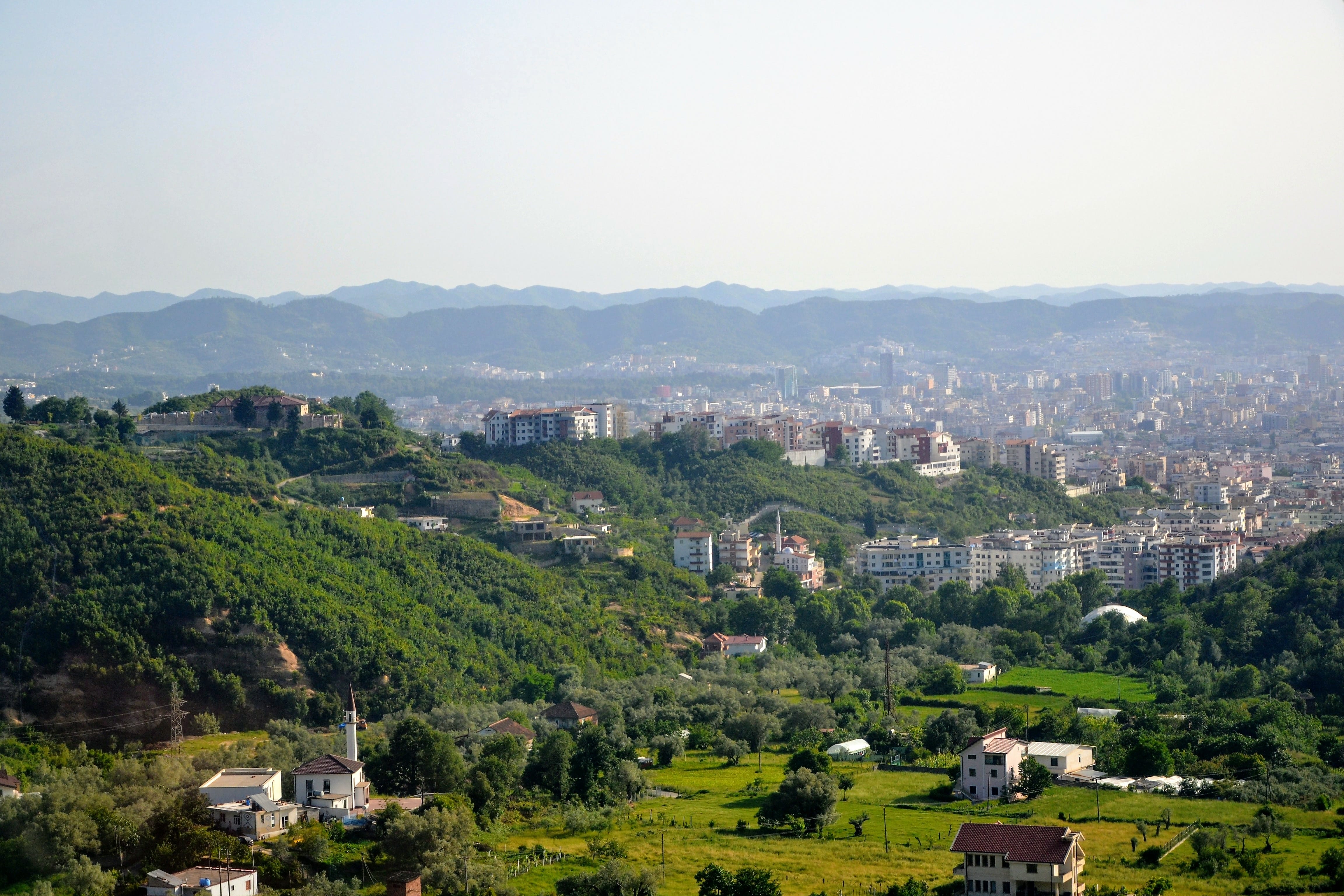 Aerial view of Tirana city and outskirts, Albania. Tirana city seen from the Dajti Express