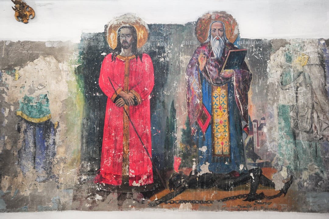 Byzantine frescoes inside Berat's Church of St. Spiridion—800 years old and still brilliant