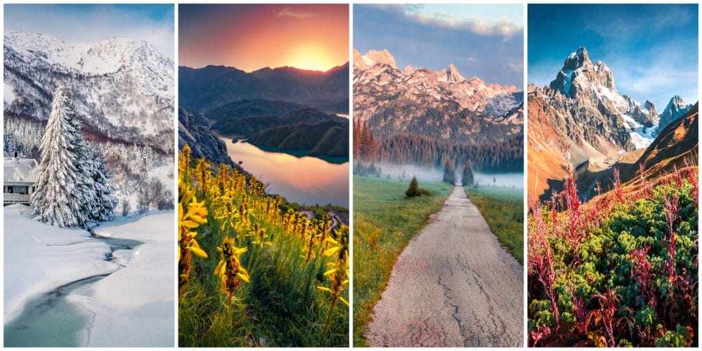 Collage of four seasons landscapes in Albania.