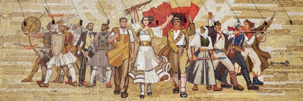 Mosaic above the National History Museum featuring Socialist propaganda and heroic revolutionary, Tirana, Albania.