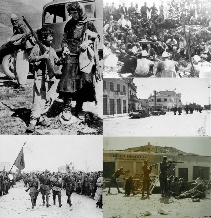 Clockwise from top to left: Albanian boy crossing the border to Yugoslavia in April 12 1939, Ballists and Communists
