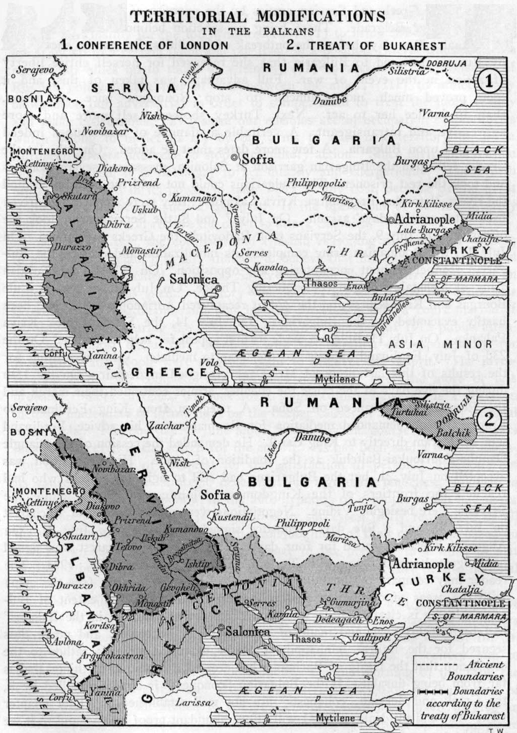 Balkan Wars territorial changes (1912–1913). Map showing boundary revisions imposed by the Conference of London and the