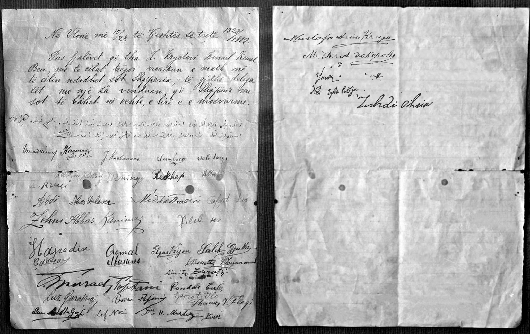 Photomontage of the original Act of the Albanian Declaration of Independence. The original document shown here was