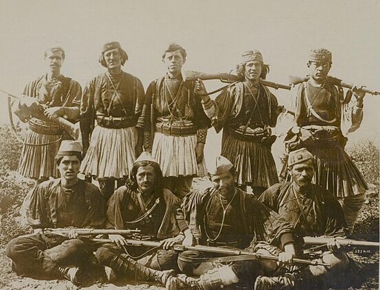 Albanian irregular fighters during World War I (1914–1918). Armed volunteers fighting for Albania’s independence