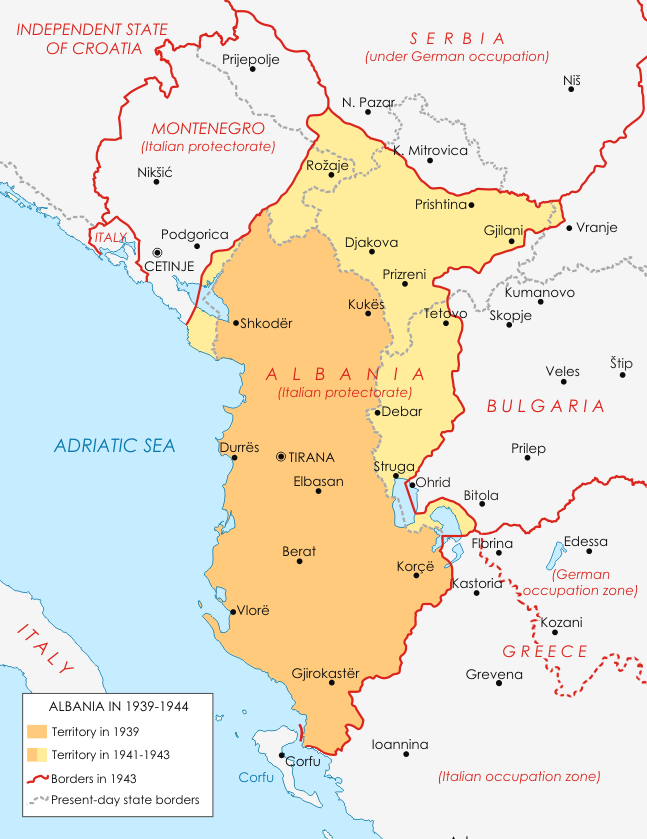 Map of Albania during World War II. Пакко, CC BY-SA 3.0 https://creativecommons.org/licenses/by-sa/3.0, via Wikimedia